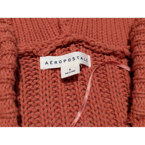 Aeropostale Cropped Cable Knit Hoodie Coral Cold Shoulder Tie Y2K Waist Size S - Picture 4 of 6